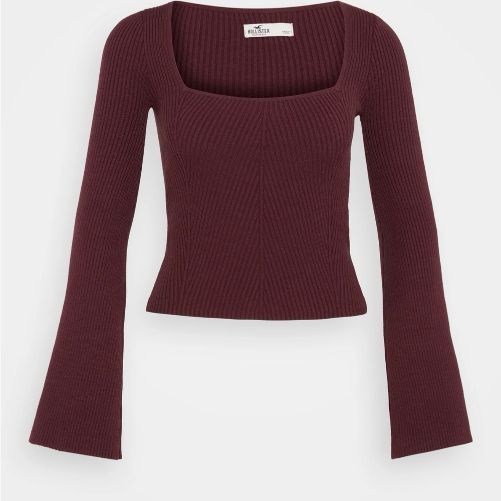 Hollister Burgundy Long Bell Sleeve Square Neck Knit Top - Burgundy Size M